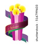 Advent candles wreath with purple violet ribbon. Fourth Sunday of Advent - Christmas season holiday color vector illustration.