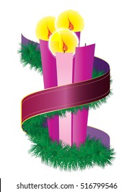 Advent candles wreath with purple violet ribbon. Third Sunday of Advent - Christmas season holiday color vector illustration.