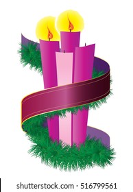 Advent candles wreath with purple violet ribbon. Second Sunday of Advent - Christmas season holiday color vector illustration.