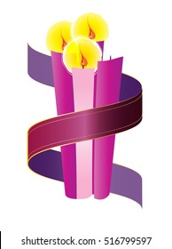 Advent candles wreath with purple violet ribbon. Third Sunday of Advent - Christmas season holiday color vector illustration.