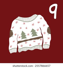 Advent is the Christmas calendar for December 9th. An illustration of an ugly Christmas sweater, white with a Christmas tree, snowflakes and patches on the elbows.