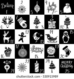 Advent Christmas Calendar. Hand drawn cartoon icons. Handwritten font