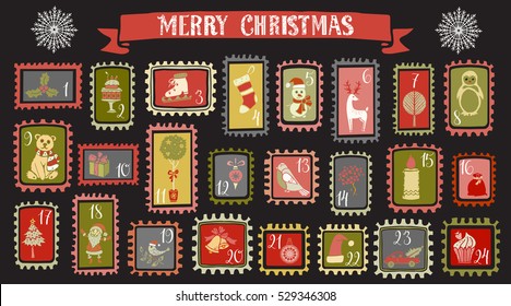 Advent Christmas Calendar. Marks. Hand drawn cartoon icons. Ribbon, snowflakes. Merry christmas handwritten. Vector design