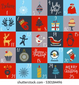 Advent Christmas Calendar. Marks. Hand drawn cartoon icons. Ribbon, snowflakes. Merry christmas handwritten