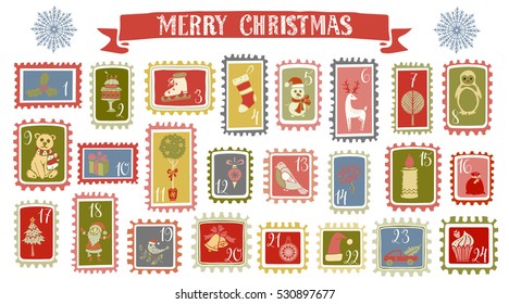 Advent Christmas Calendar. Marks. Hand drawn cartoon icons. Ribbon, snowflakes. Merry christmas handwritten