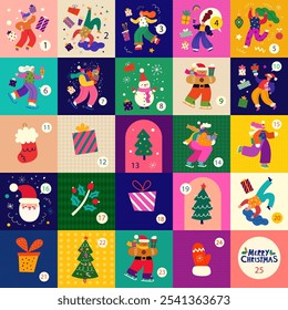 Advent Christmas calendar. Merry Christmas holiday elements. Christmas decorative collection with fun people, Santa Claus, Snowman. Christmas gifts.
