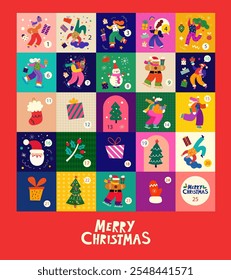 Advent Christmas calendar. Merry Christmas holiday elements. Christmas decorative collection with fun people, Santa Claus, Snowman. Christmas gifts.