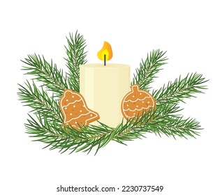 advent, christmas candle with fir tree branches and gingerbread cookies- vector illustration