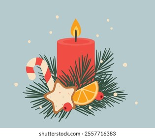 advent, christmas candle with fir tree branches, gingerbread cookie, dried orange slice and candy cane- vector illustration