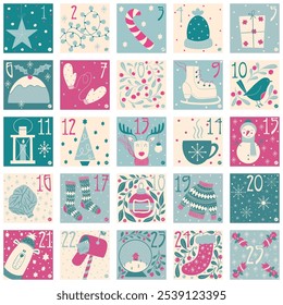 Advent Christmas countdown calendar of individual vector illustrations for each day in the run up to Christmas.