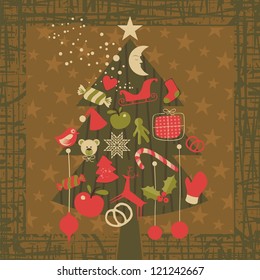 Advent Christmas tree greeting card background with seasonal elements