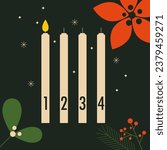 Advent concept. Four Advent candles with numbers, Xmas flowers. One candle lit for first Sunday before Christmas. Winter season vector illustration. Flat trendy abstract style, isolated on black.