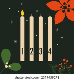 Advent concept. Four Advent candles with numbers, Xmas flowers. One candle lit for first Sunday before Christmas. Winter season vector illustration. Flat trendy abstract style, isolated on black.