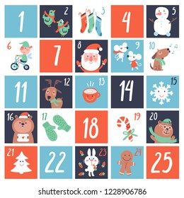 Advent Countdown Calendar with cartoon characters and symbols. Birds, Elf, Santa, gift, card, animals, sweets, dear, mitten, socks. Christmas poster. Winter Holidays Design Elements. 