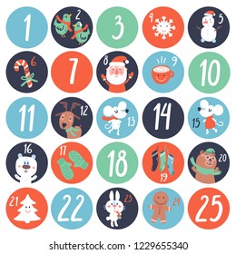 Advent Countdown Calendar with cartoon characters and symbols. Birds, Elf, Santa, gift, card, socks, mitten, tree, sweets, dear, mitten, socks. Christmas poster. Winter Holidays Design Elements.