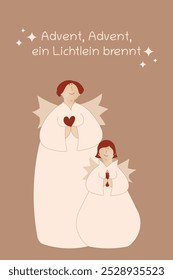 Advent, Advent, ein Lichtlein brennt - text in German language - Advent, Advent, a little light is burning. Greeting card with cute angels.