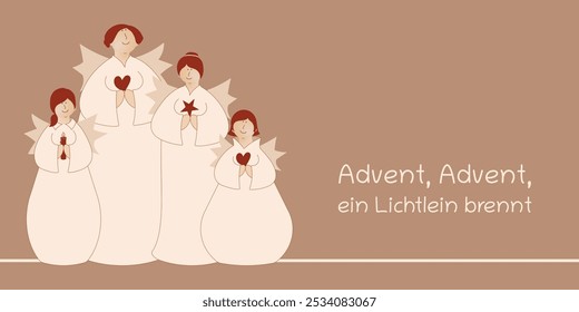 Advent, Advent, ein Lichtlein brennt - text in German language - Advent, Advent, a little light is burning. Greeting card with four cute angels with candles, hearts and star.