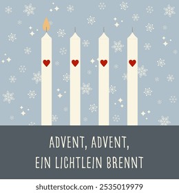 Advento, Advento, ein Lichtlein brennt - texto em língua alemã - Advento, Advento, um pouco de luz está queimando. Cartão quadrado com quatro velas com corações em frente a um fundo floco de neve.