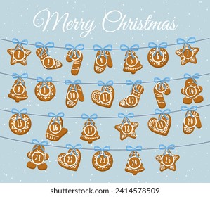 Advent gingerbread calendar. Surprises and gifts, presents. Merry Christmas and Happy New Year. December or january traditions. Cartoon flat vector illustration isolated on blue background