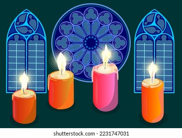 Advent mood - lit advent candles with gothic windows in the background