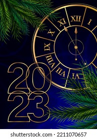 The advent of the New Year 2023 - Stylized clock and fir branches. Five minutes to midnight. Festive bright blue banner, cover, postcard or web post