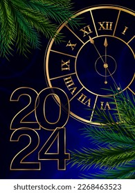 The advent of the New Year 2024 - Stylized clock and fir branches. Five minutes to midnight. Festive bright blue banner, cover, postcard or web post