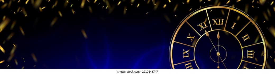 The advent of the New Year - Stylized clock and flying gold foil. Five minutes to midnight. Festive website banner