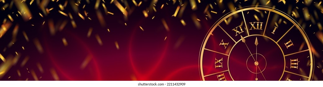 The advent of the New Year - Stylized clock and flying gold foil. Five minutes to midnight. Festive bright banner for the site