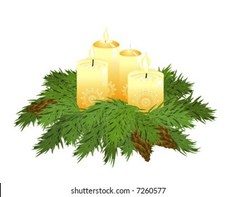Advent pine wreath with cones and flaming candles