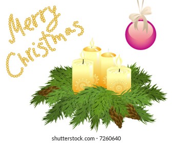 Advent pine wreath with cones and flaming candles and the text "Merry Christmas"