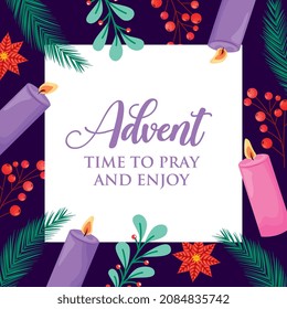 advent poster with candles branches and flowers . vector illustration