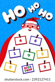 Advent poster layout for children. Cute Santa Claus character with a big beard, space for stickers or photos in the form of a frame attached with clothespins to the beard. New Year 2024.