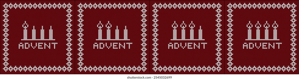 Advent as religious holiday period concept with 4 candles each week: first, second, third and then the fourth one burning. Four candle and flame shape as knitted textile design.