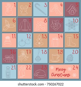 Advent retro style calendar. Sketch Christmas, winter and New Year symbols. Hand drawing style. Manually drawn vector poster, greeting card, banner. 