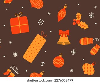Advent seamless pattern. Repeating design element for printing on fabric. Present and gift box, bell. Symbol of new year and christmas. Red ball, socks and mittens. Cartoon flat vector illustration