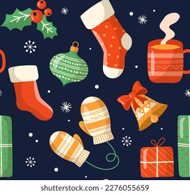 Advent seamless pattern. Repeating design element for printing on fabric. Socks and gloves, bell and colorful green balloon. Symbol of New Year and Christmas. Cartoon flat vector illustration