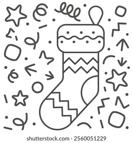 Advent sock. Hanging Santa's sock in festive tinsel. Minimalist Christmas advent calendar. EPS 10.