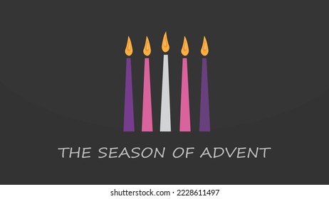 Advent is symbolized by four purple and pink Advent candles plus a Christ candle in the center.