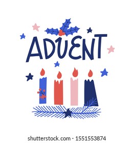 Advent vector illustration isolated on white. Four candles, pine fyr branches, holly leaves, stars. Greeting card, print, banner, design element