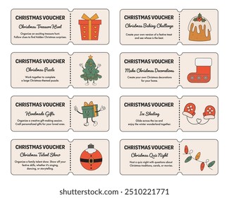 Advent voucher with Christmas activities and tasks for family, friends, couples. Christmas gift idea, celebration of winter holidays. Christmas coupon book. Funny vouchers in vintage retro style.