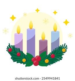 Advent wreath, decorated with green pine branches, red berries, decorations and four lit candles. Golden stars and snowflakes on background. Holiday vector illustration.
