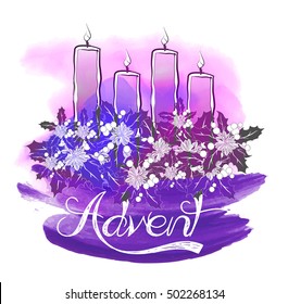 Advent wreath with four burning candles, abstract artistic watercolor illustration for the Christmas time