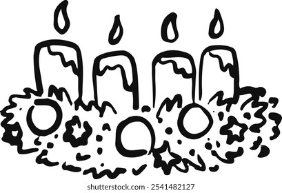 Advent wreath with four candles. Hand drawn illustration of Christmas Decoration. German Christmas tradition. Celebrating the advent season. 