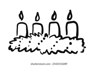 Advent wreath with four candles. Simple hand drawn illustration of Christmas Decoration. German Christmas tradition. Celebrating the advent season. 