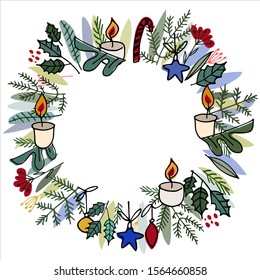 Advent wreath. Frame with fir tree branches, Christmas bauble, ornaments, candles on white background