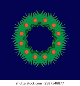 Advent wreath with holly berries, mistletoe, pine and spruce branches, rowan berries on a blue background. Merry Christmas and Happy New Year. Vector EPS10