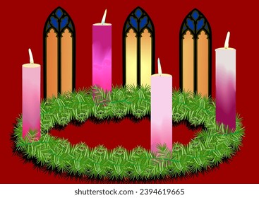 Advent wreath with lit candles and gothic windows in the background