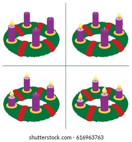 Advent wreath on first, second, third, fourth Sunday of Advent - with one, two, three and four lighted candles in different lengths depending on burning time in chronological order. Vector on white.