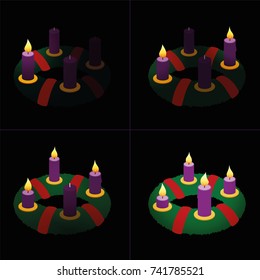 Advent wreath on first, second, third and fourth Sunday of Advent with one, two, three and four lighted purple candles in different lengths depending on burning time in chronological order.