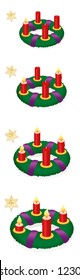 Advent wreath with one, two, three, four burning red candles in chronological order on first, second, third and fourth Sunday of Advent, with numbered golden stars - vector on white, high siz.